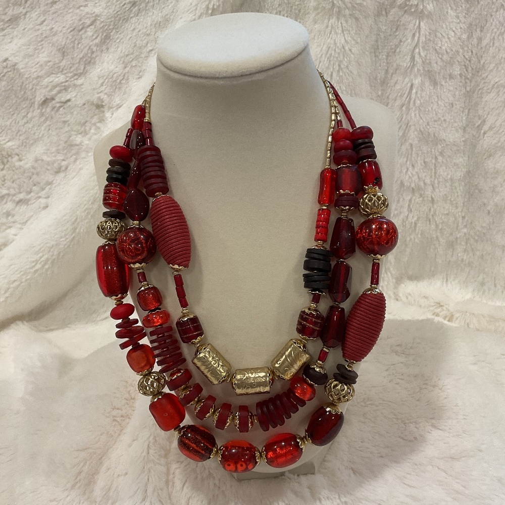 Chico’s Triple Strand Red and Gold Beaded Necklace